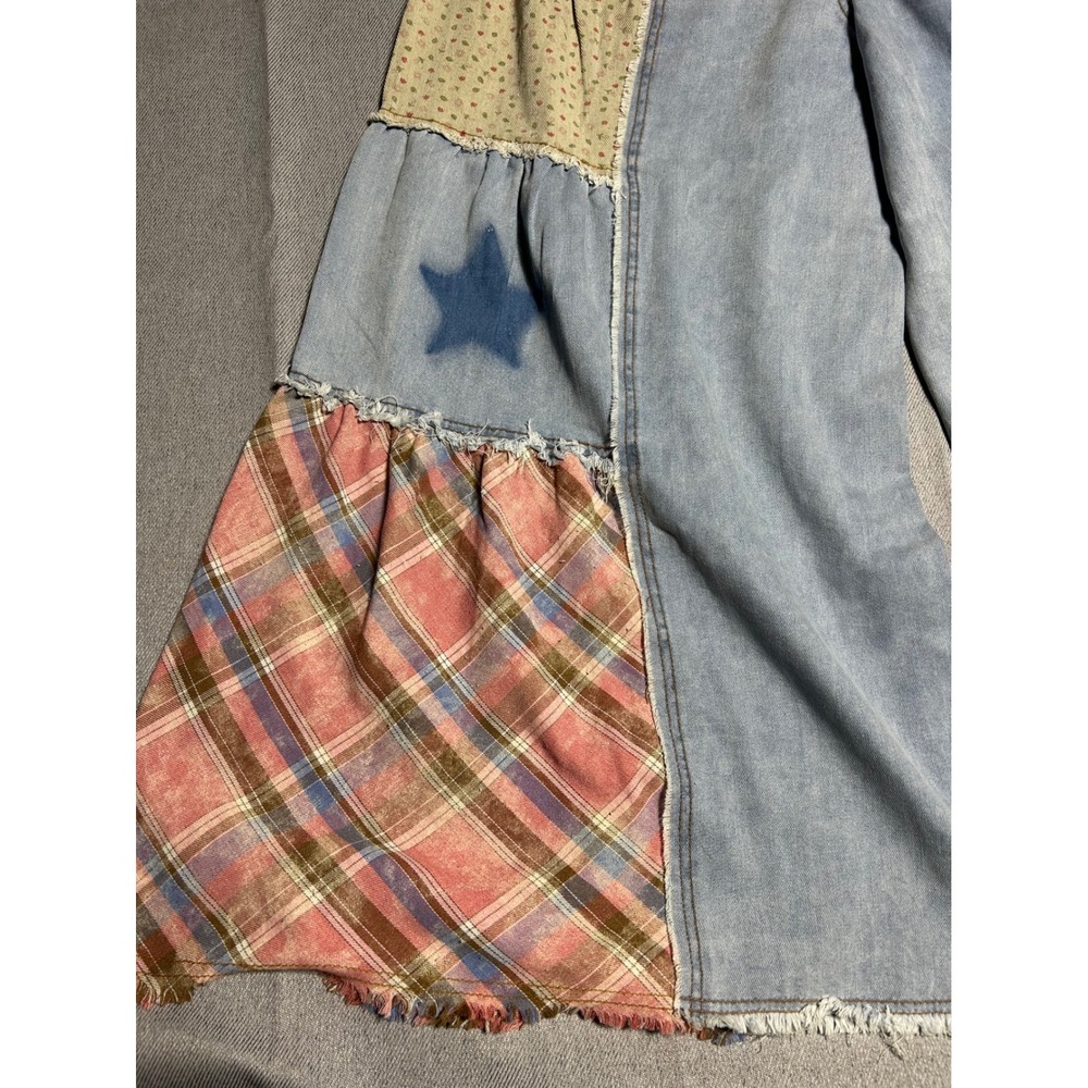 POL Patchwork Jeans Women Large Blue Star Plaid Floral Wide Leg Boho Denim - Picture 6 of 9